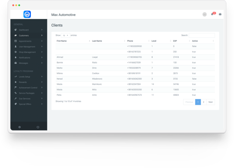 Customers screen